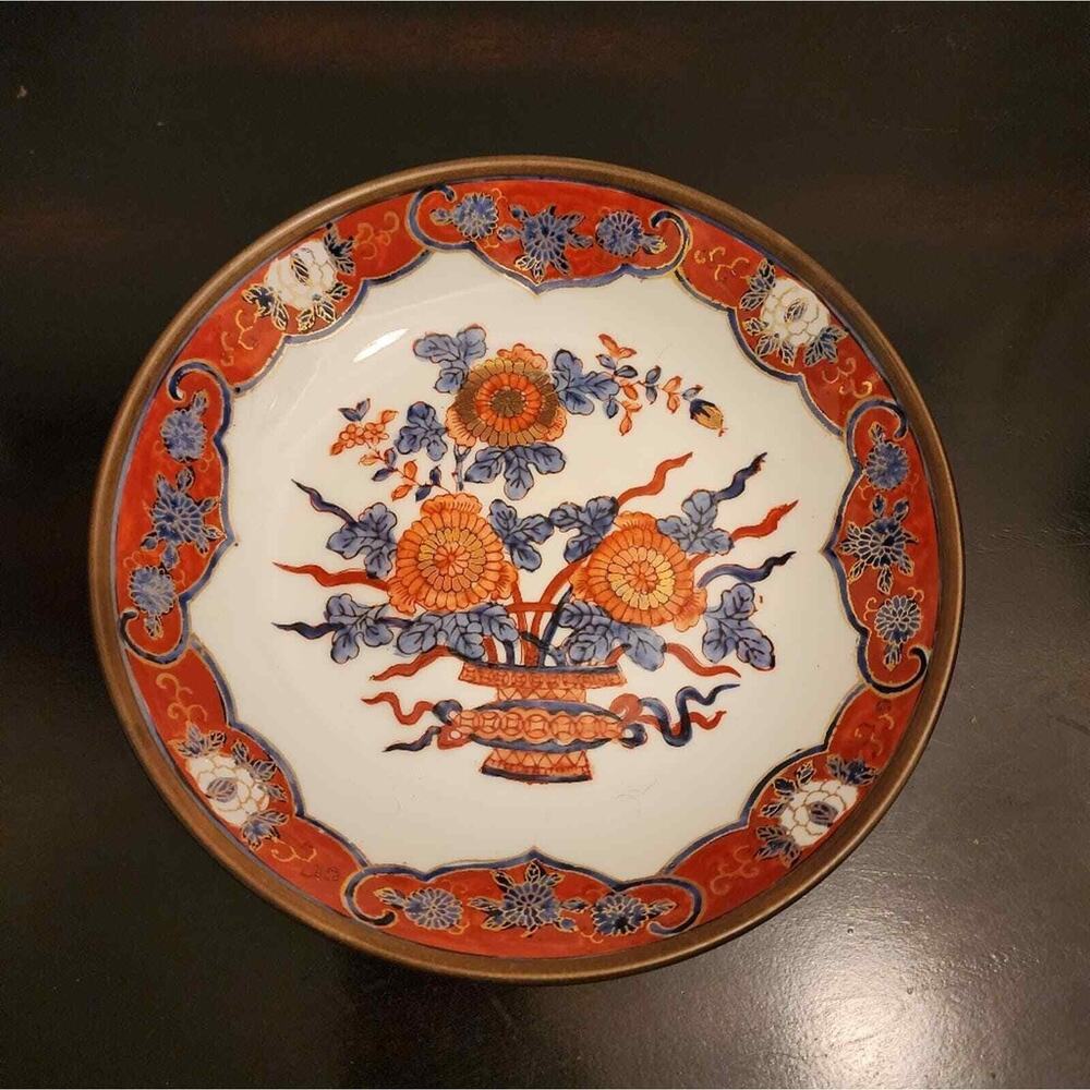 Antique Japanese Porcelain Bowl Wrapped with Brass Jares Hand Painted Hong Kong